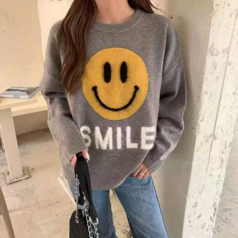 Joskaa Christmas Gift Smiling face lazy pullover sweater y2k women's autumn and winter  fashion age reduction round neck bottoming sweater 2024