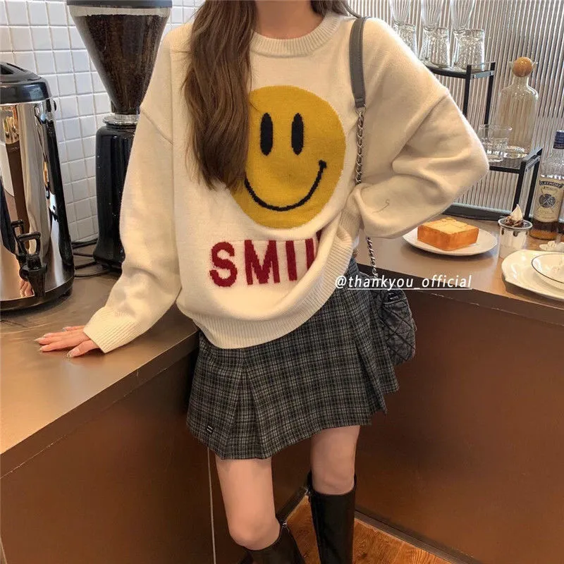 Joskaa Christmas Gift Smiling face lazy pullover sweater y2k women's autumn and winter  fashion age reduction round neck bottoming sweater 2024