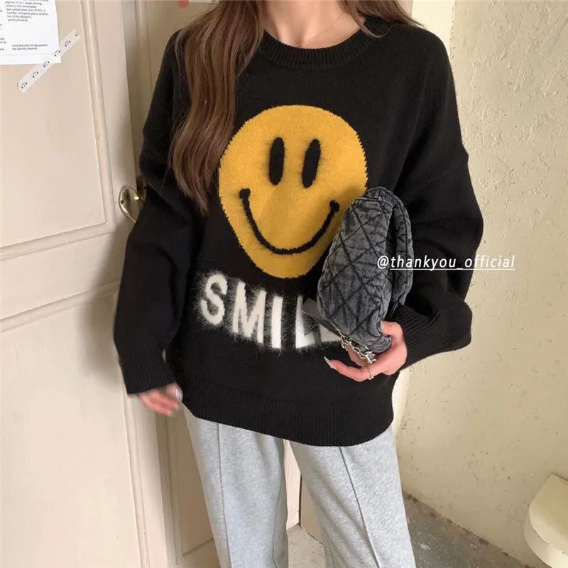 Joskaa Christmas Gift Smiling face lazy pullover sweater y2k women's autumn and winter  fashion age reduction round neck bottoming sweater 2024