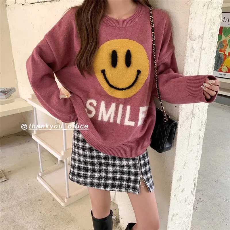 Joskaa Christmas Gift Smiling face lazy pullover sweater y2k women's autumn and winter  fashion age reduction round neck bottoming sweater 2024