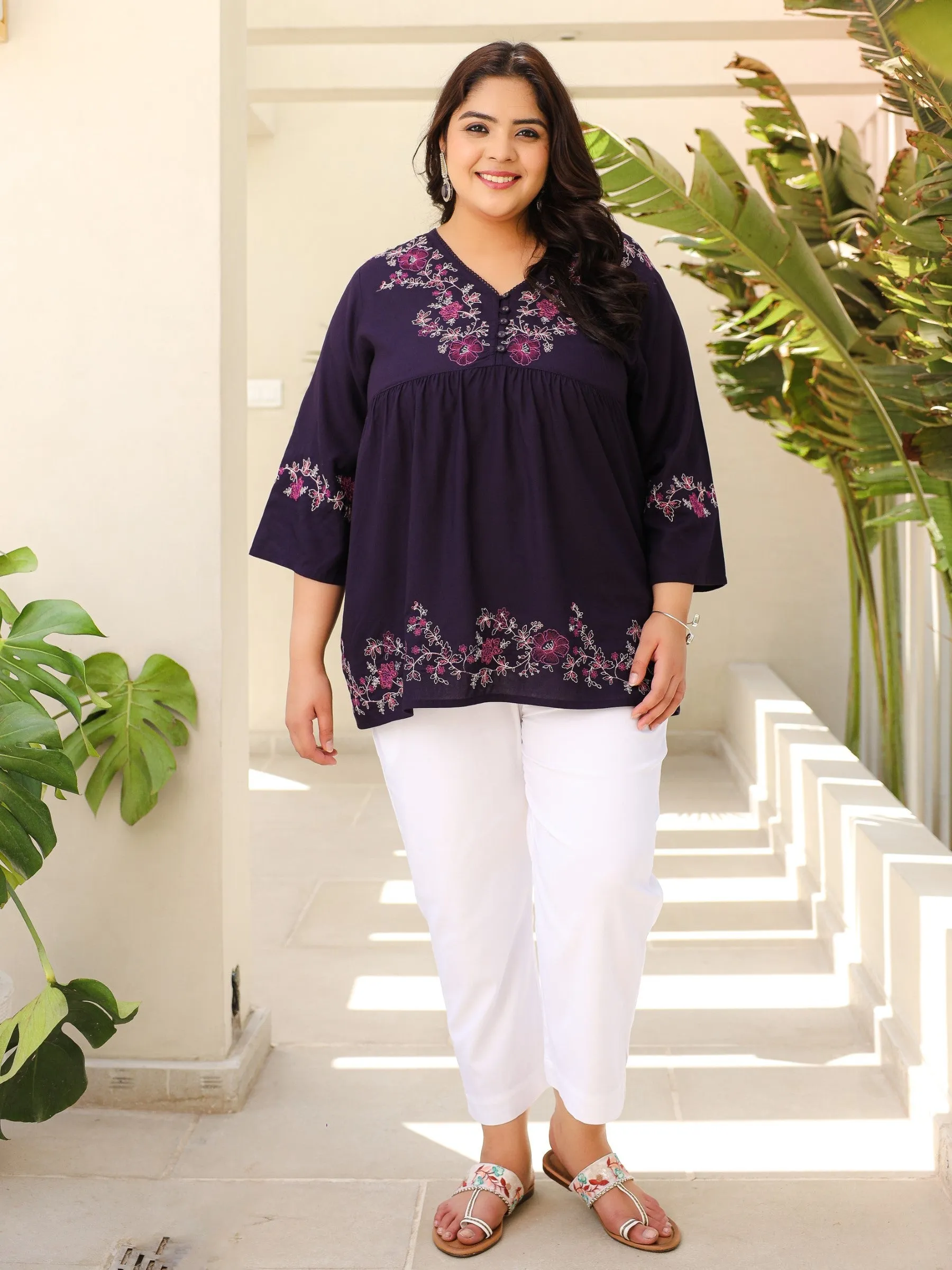 Juniper Purple Modal Rayon Floral Embroidered Alia Cut Plus Size Tunic