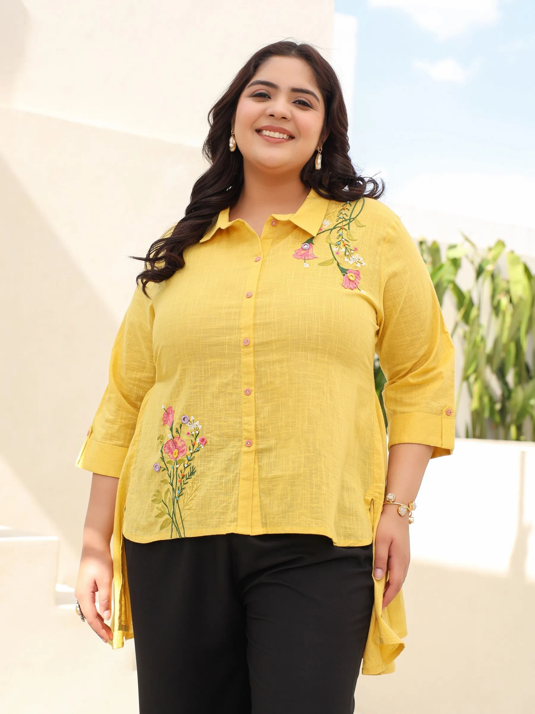 Juniper Yellow Cotton Slub Plus Size High-Low Tunic With Embroidery