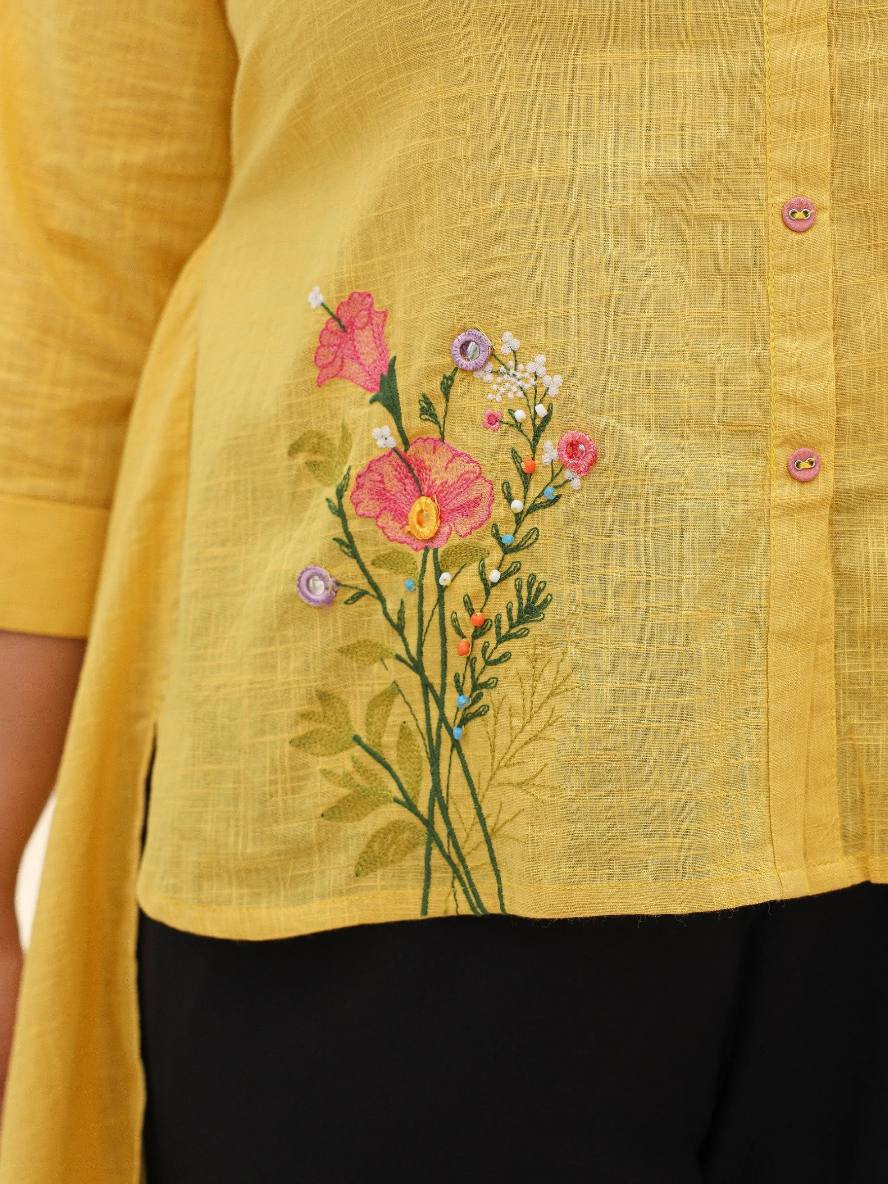 Juniper Yellow Cotton Slub Plus Size High-Low Tunic With Embroidery