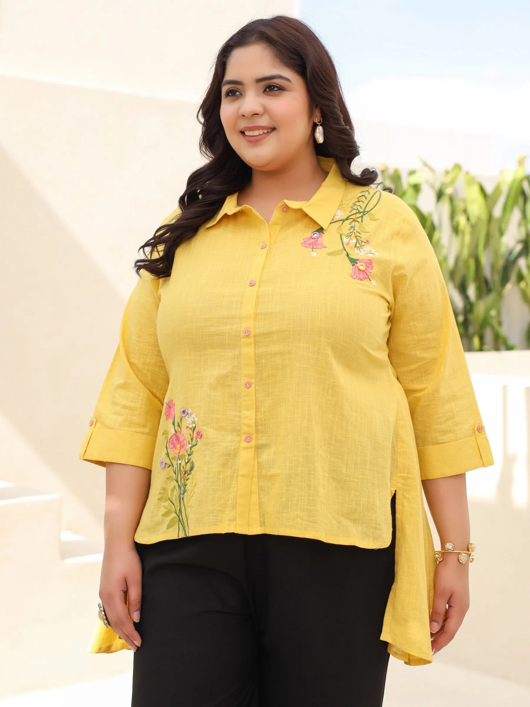 Juniper Yellow Cotton Slub Plus Size High-Low Tunic With Embroidery