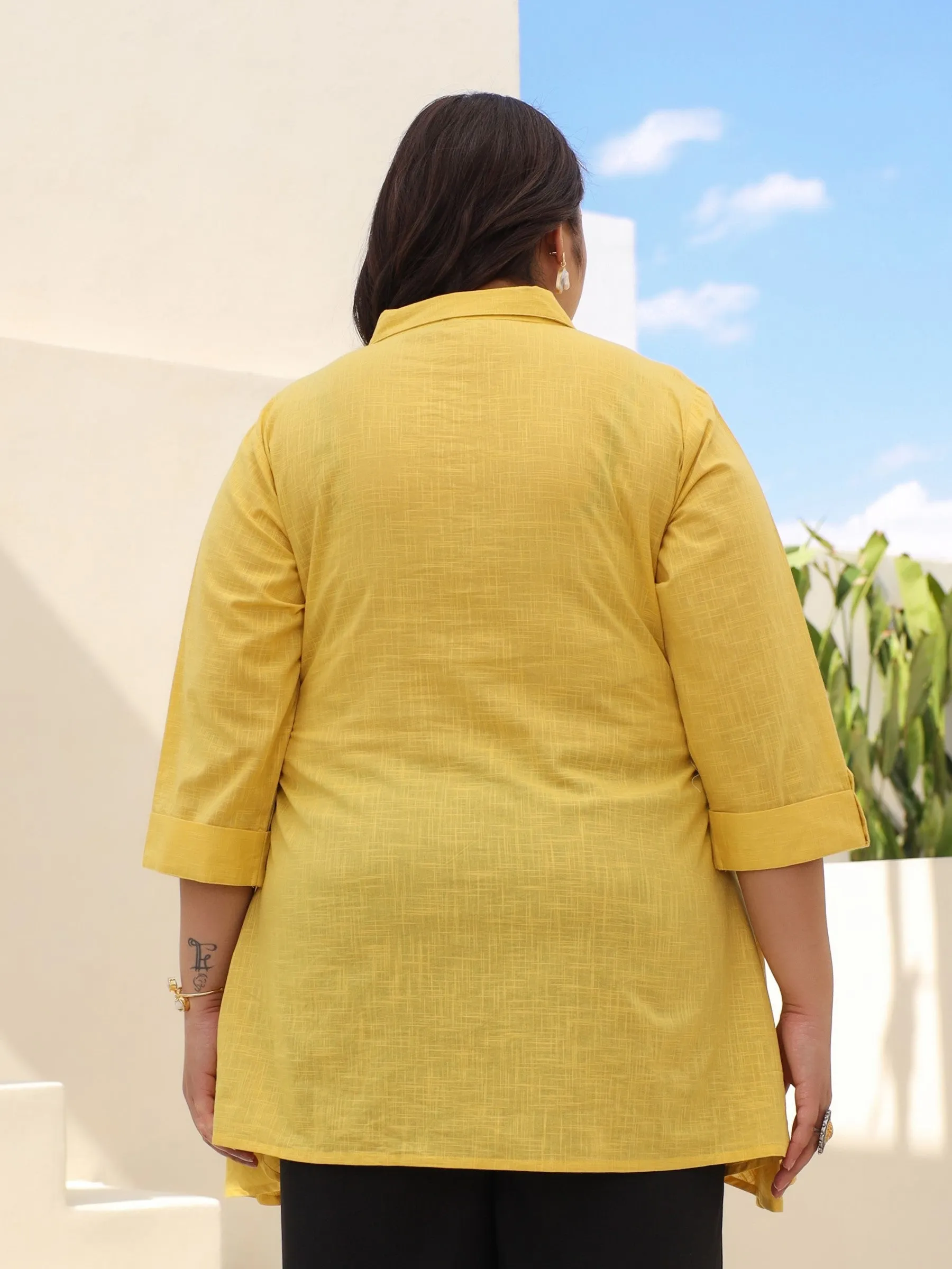 Juniper Yellow Cotton Slub Plus Size High-Low Tunic With Embroidery