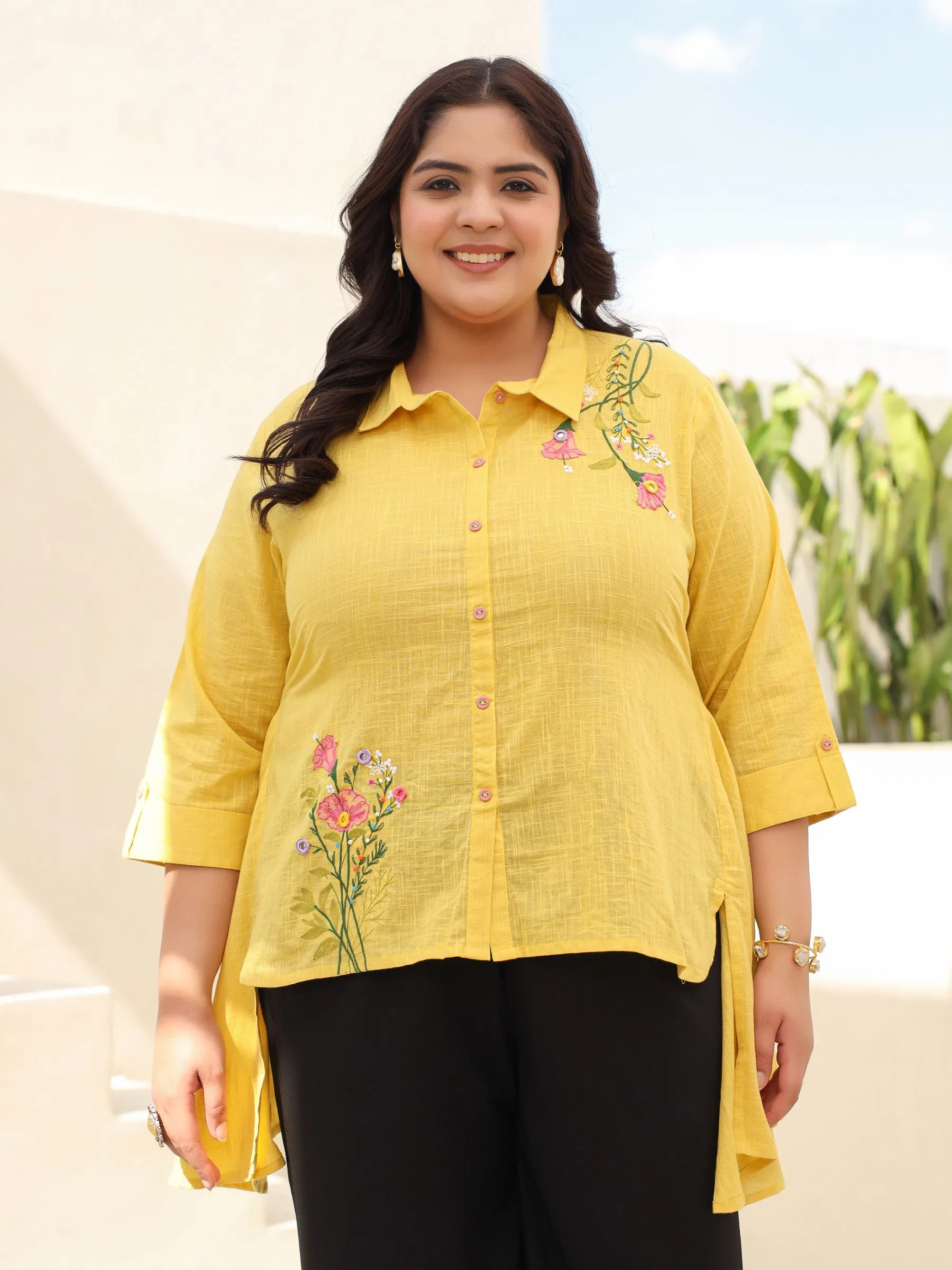 Juniper Yellow Cotton Slub Plus Size High-Low Tunic With Embroidery