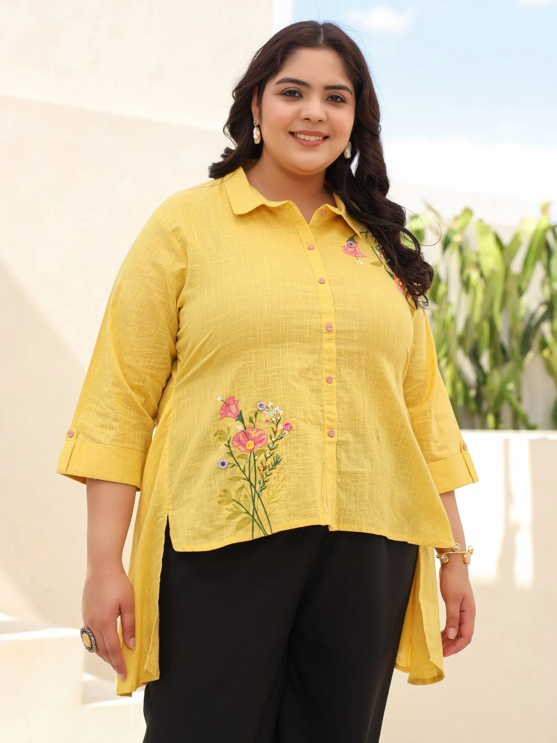 Juniper Yellow Cotton Slub Plus Size High-Low Tunic With Embroidery