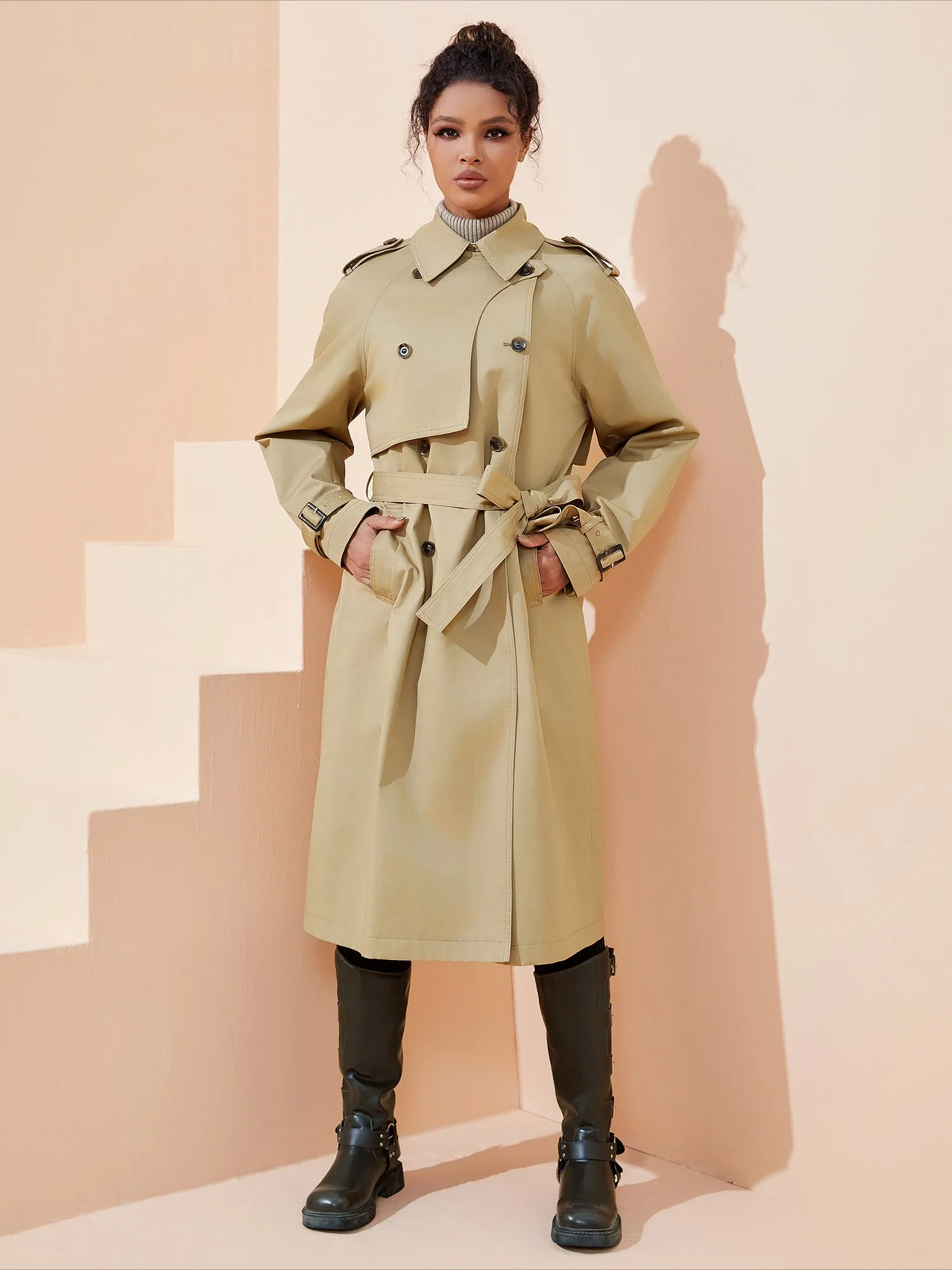 Khaki Elegant Turn Down Collar Trench Top