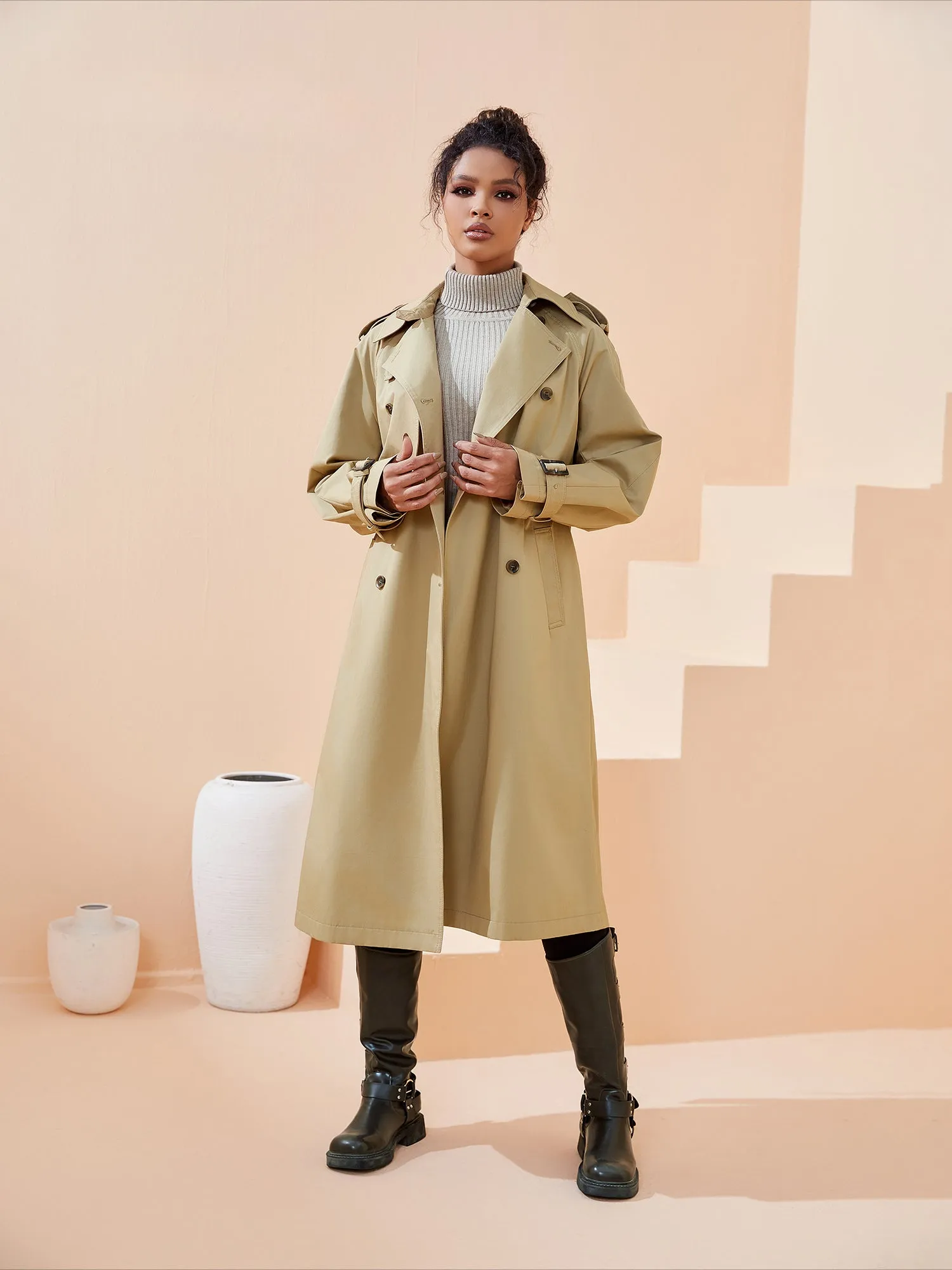 Khaki Elegant Turn Down Collar Trench Top