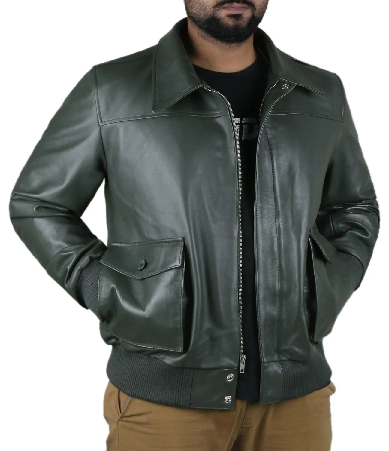 Leather Jackets Hub Mens Genuine Lambskin Leather Jacket (Black, Flight Jacket) - 1501066