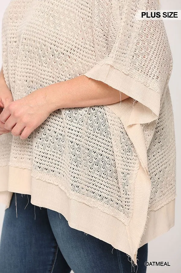 Light Knit And Woven Mixed Boxy Top With Poncho Sleeve