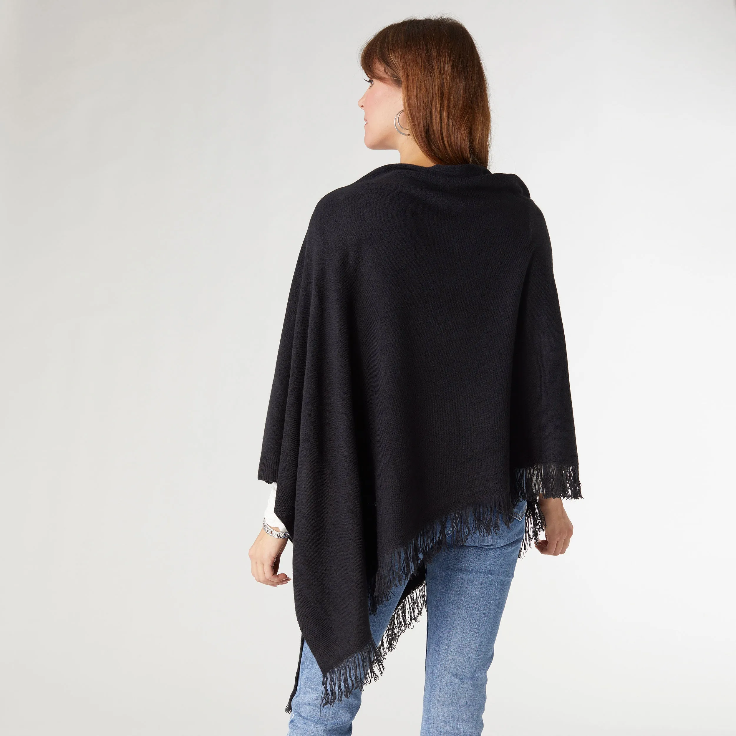 Lightweight Poncho with Fringe - Black