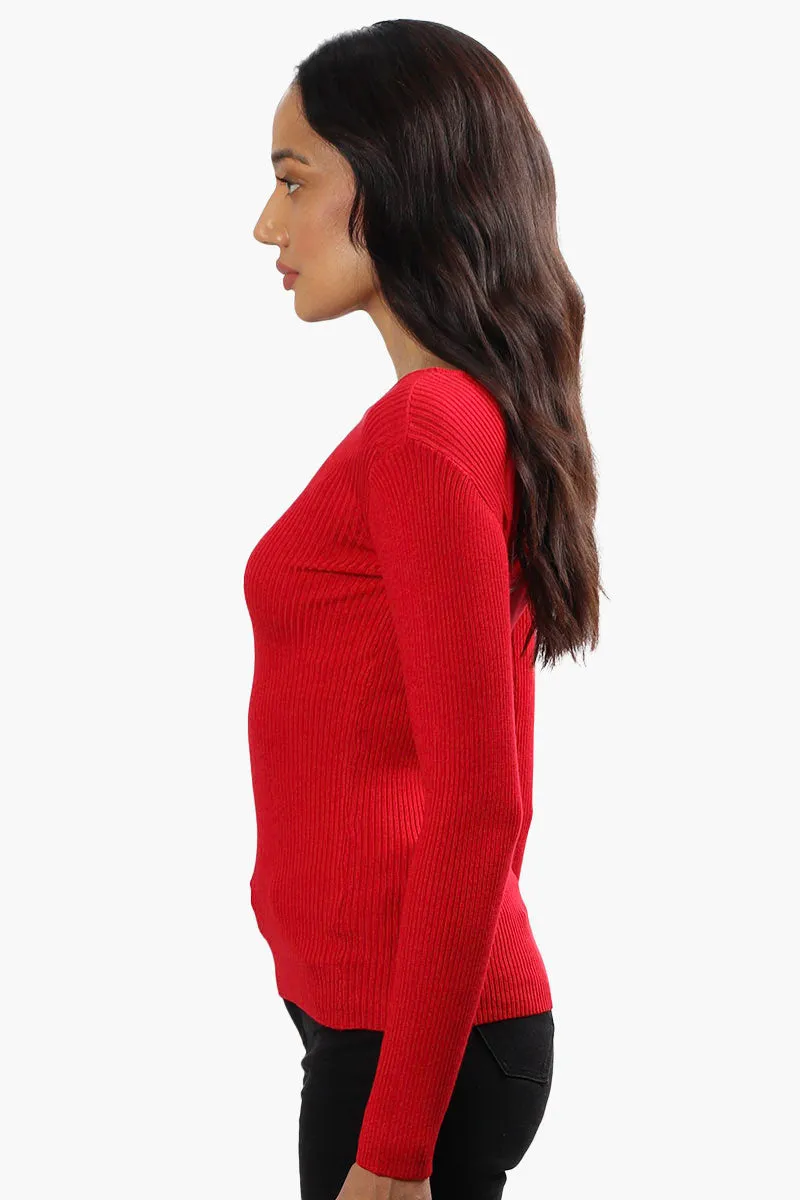 Limite Ribbed Keyhole Shoulder Pullover Sweater - Red