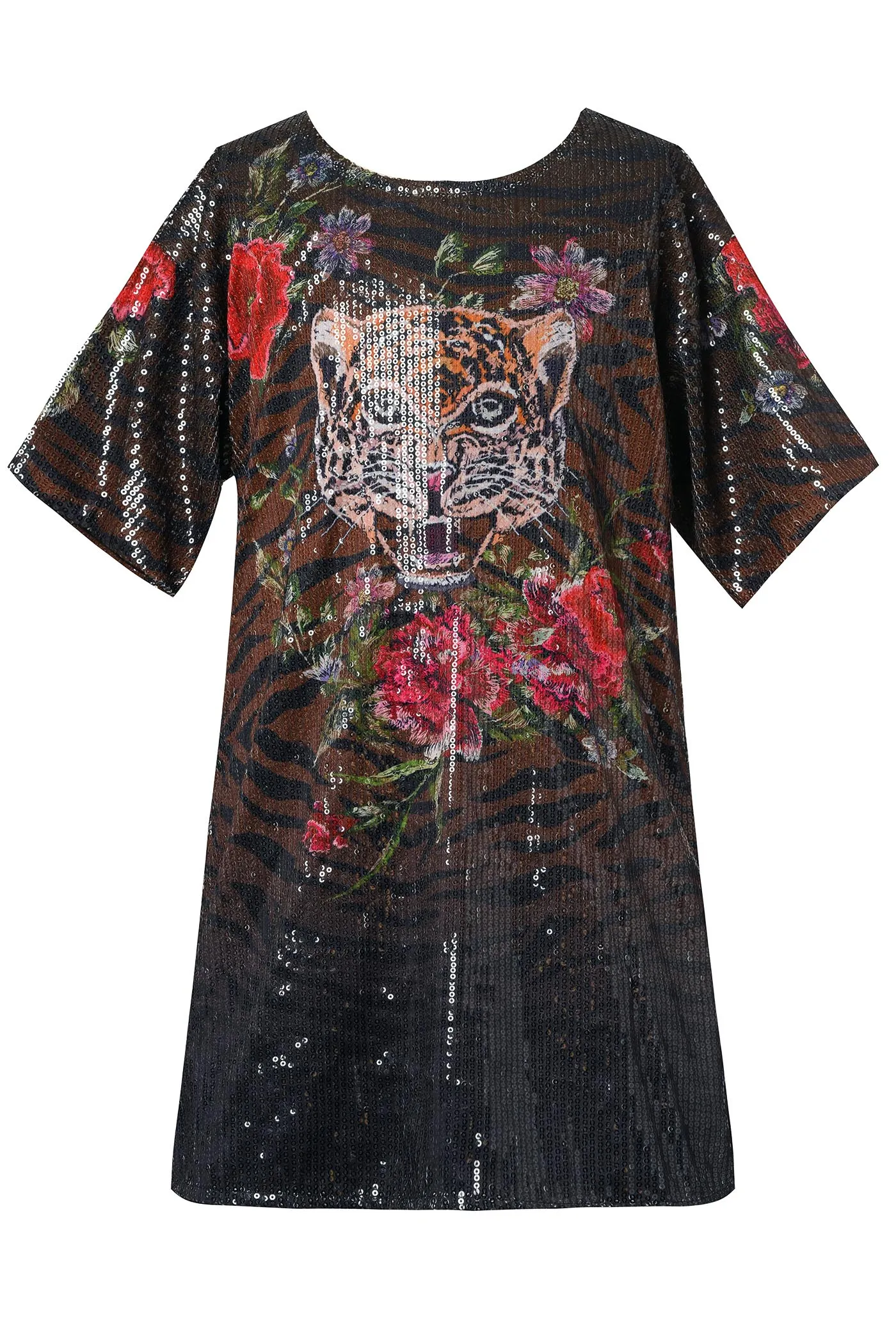 Little Girl's Tiger Floral Print Sequin Dress