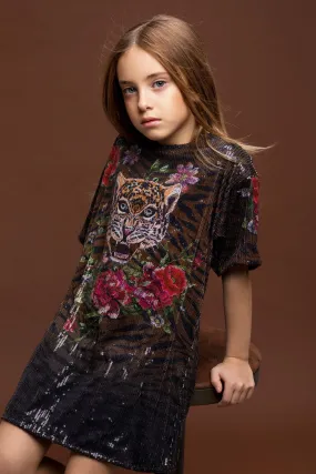 Little Girl's Tiger Floral Print Sequin Dress