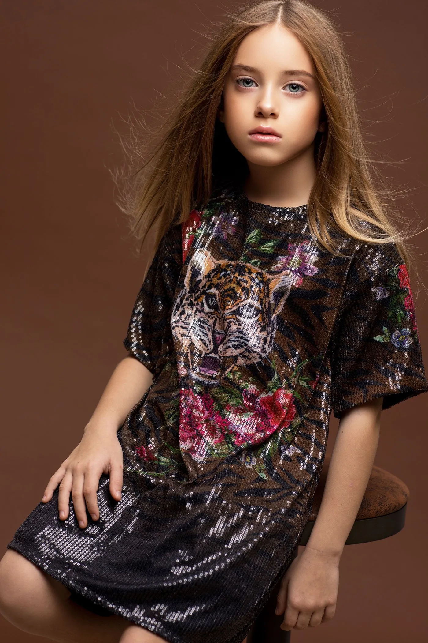 Little Girl's Tiger Floral Print Sequin Dress