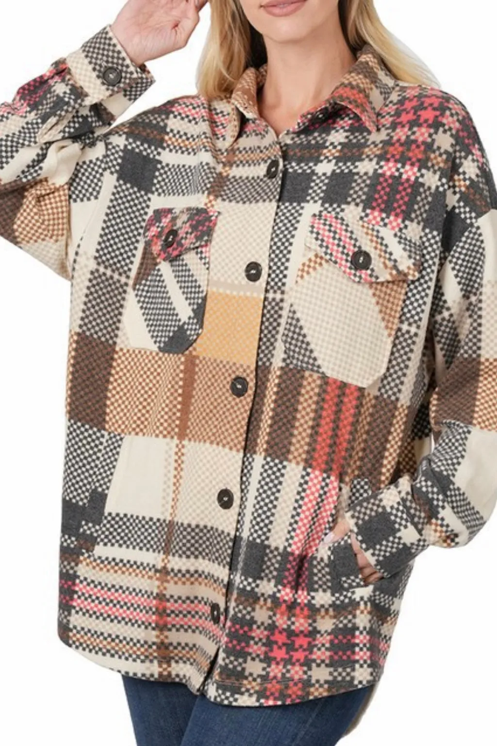 LONG SLEEVE BRUSHED PLAID SHIRT JACKET