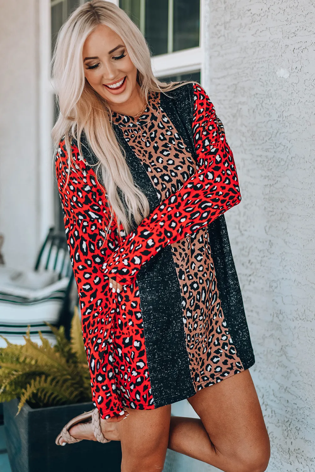 Long Sleeve Leopard Colorblock Tunic Top