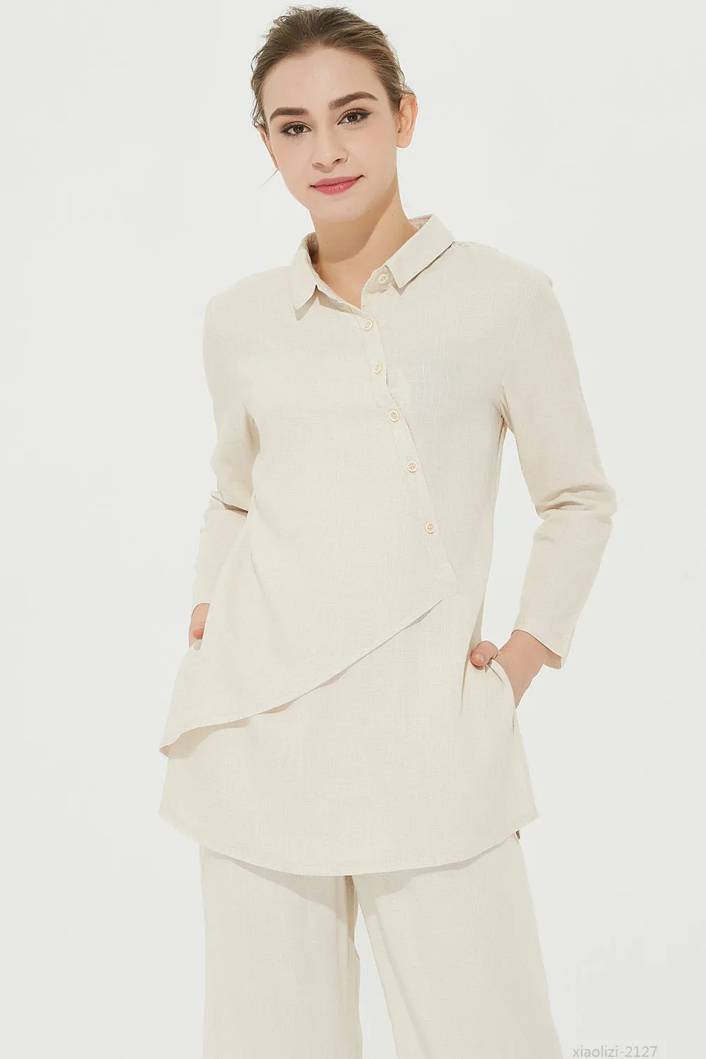 long sleeves cream linen shirt, linen blouse 2127