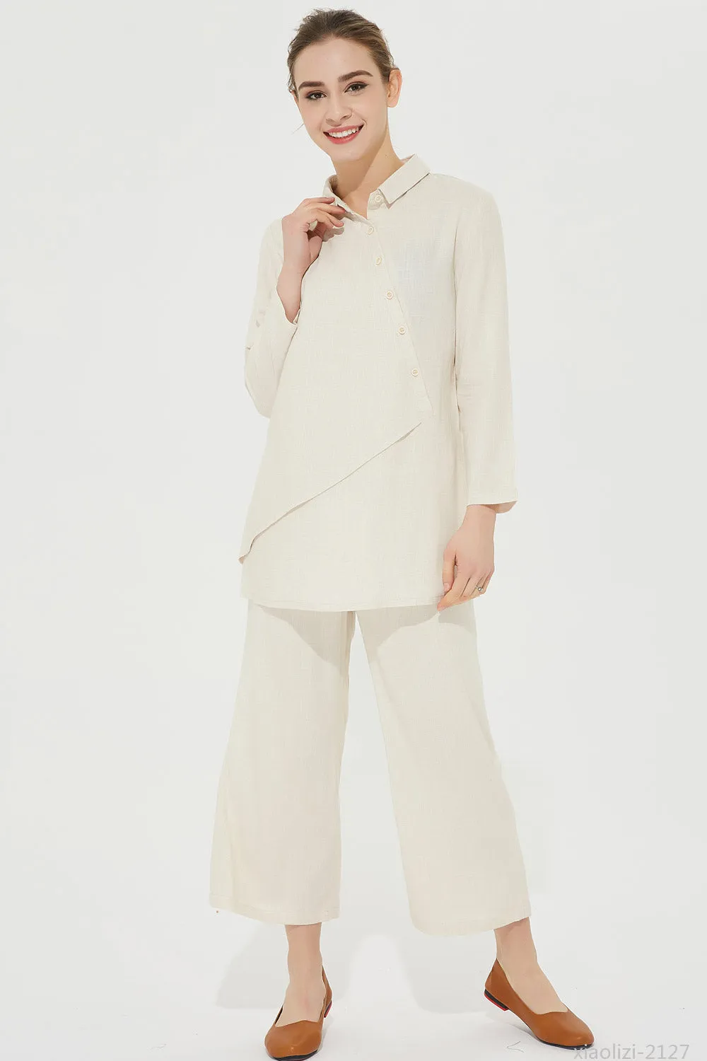 long sleeves cream linen shirt, linen blouse 2127