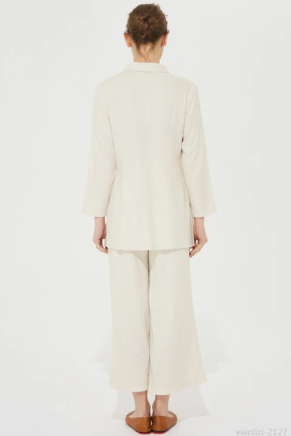 long sleeves cream linen shirt, linen blouse 2127