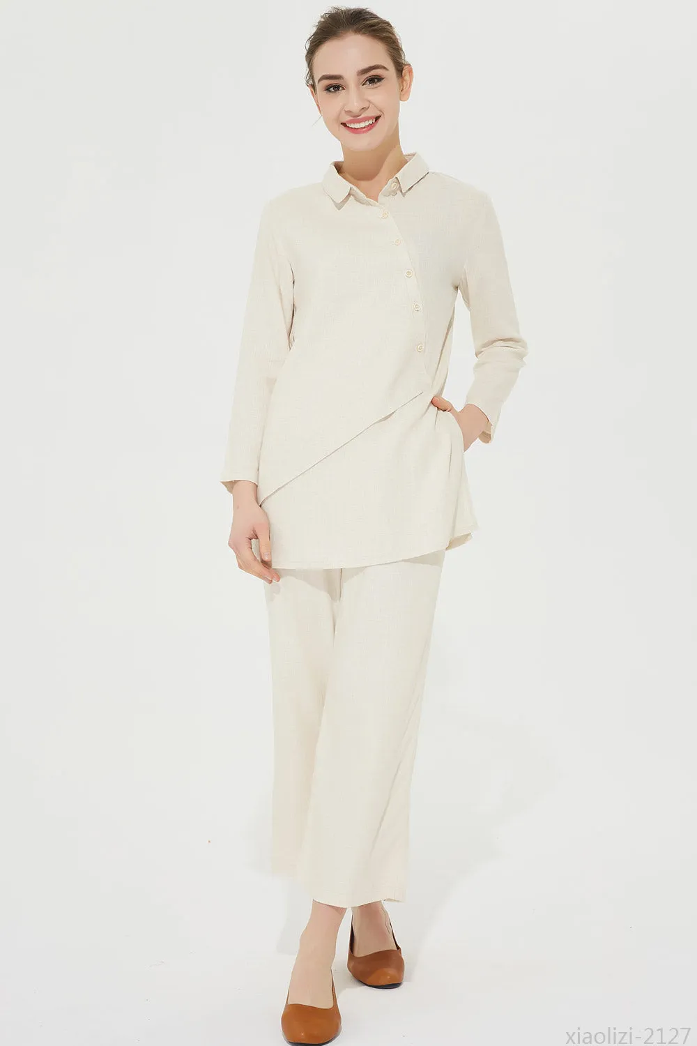 long sleeves cream linen shirt, linen blouse 2127