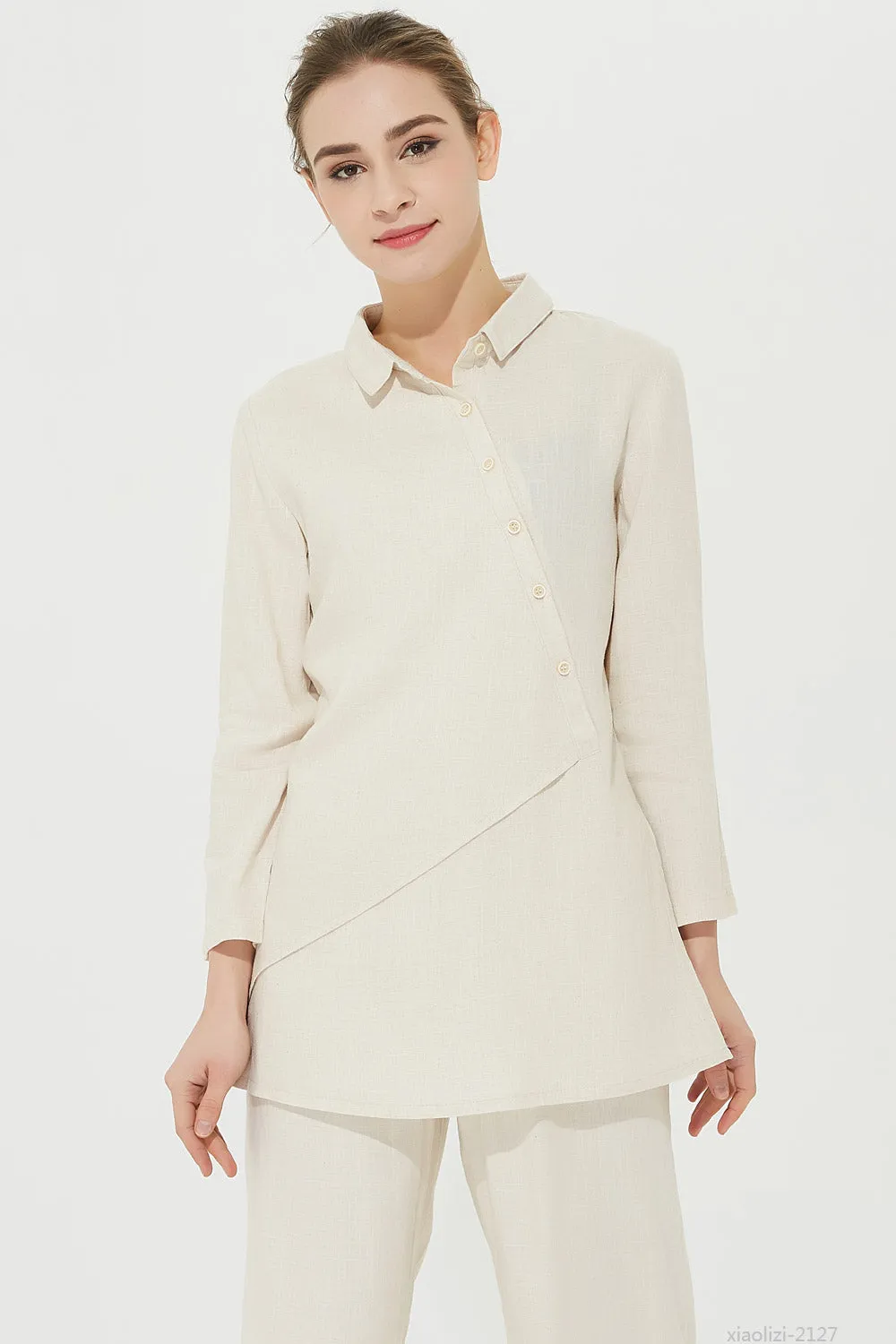 long sleeves cream linen shirt, linen blouse 2127