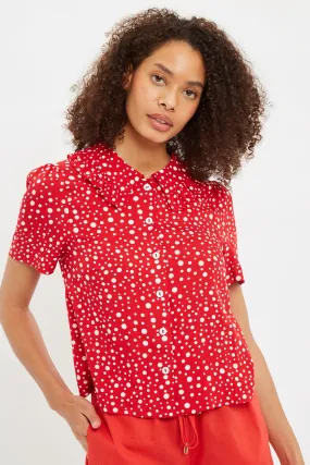 Louche Padma Spot It Print Ruffle Collar Short Sleeve Blouse Red