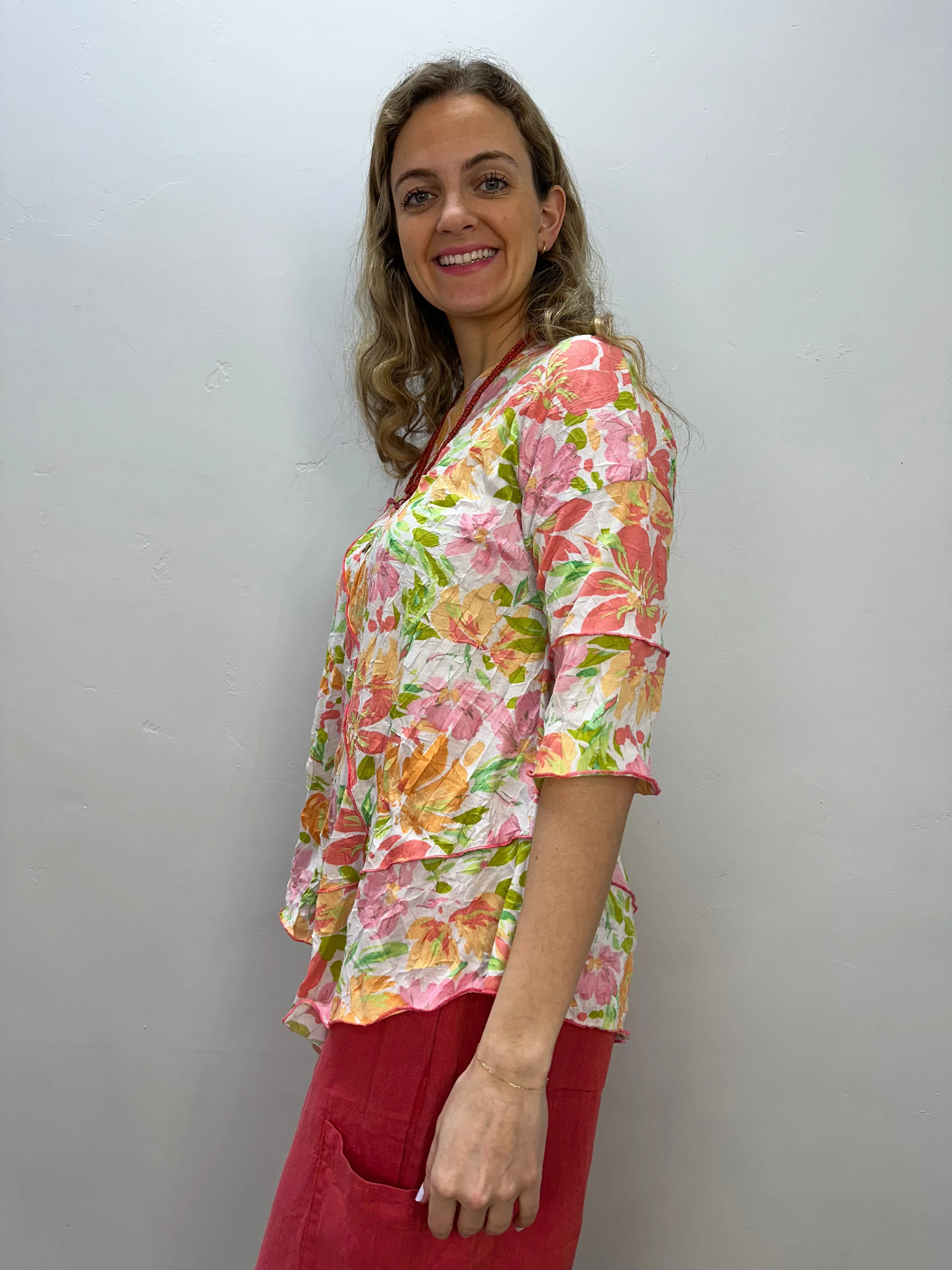 Mango Watercolor 3/4 Sleeve Asymmetric Crinkle Tunic