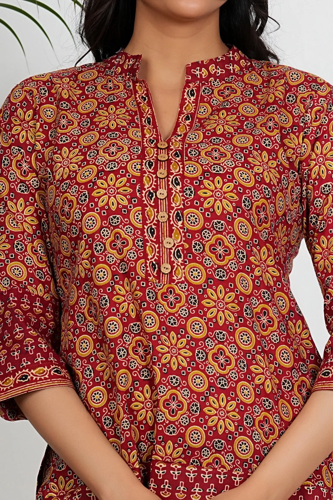 Maroon Color Geometric Printed Straight Cotton Tunic