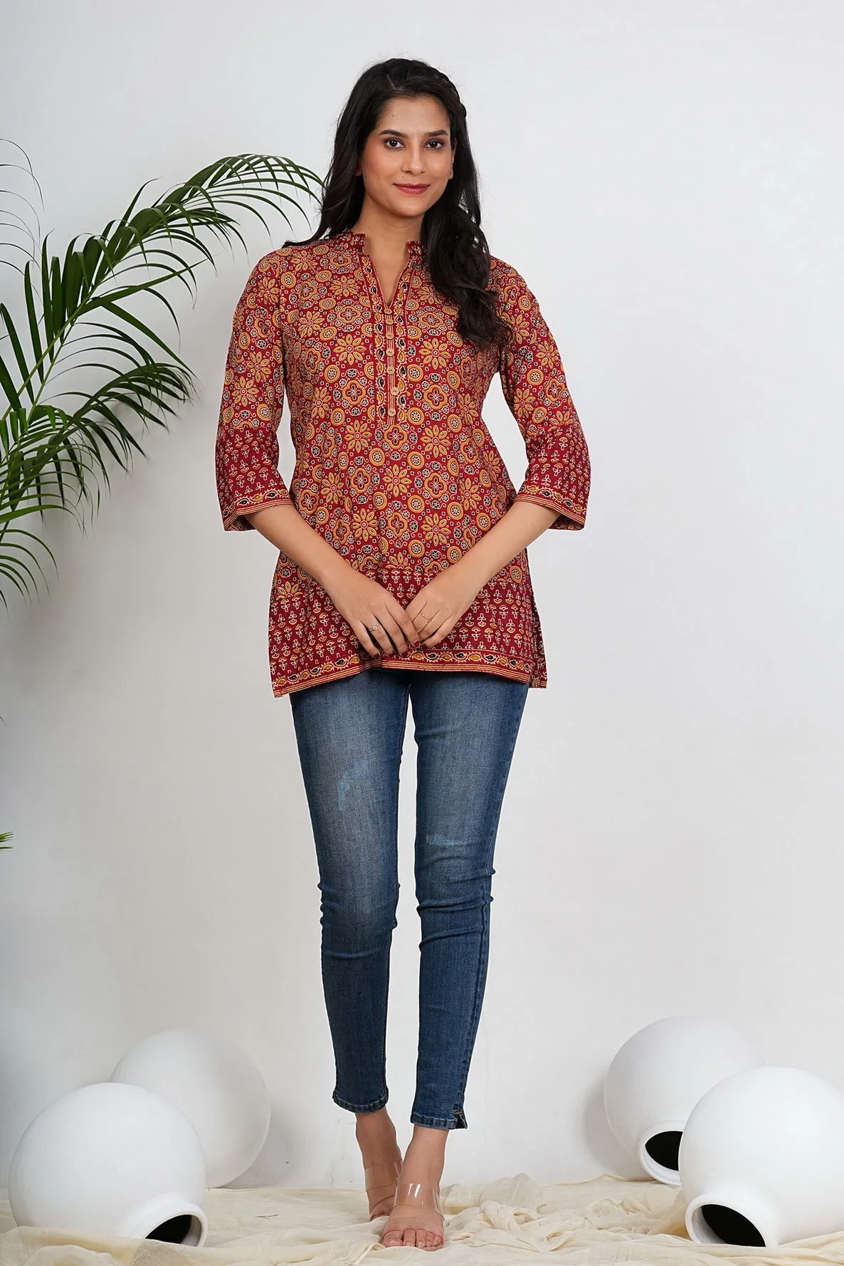 Maroon Color Geometric Printed Straight Cotton Tunic