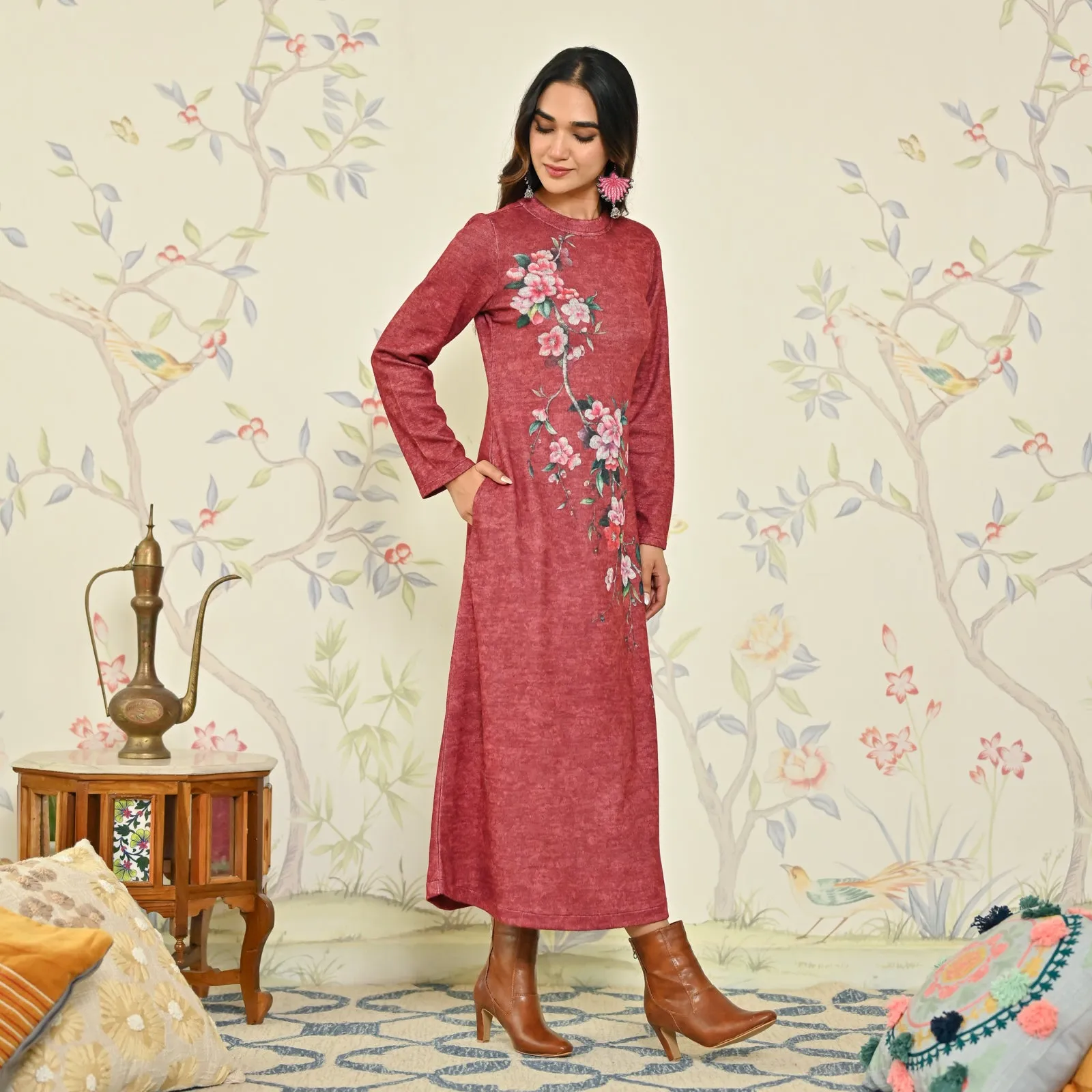 Maroon Floral A-line Woollen Dress