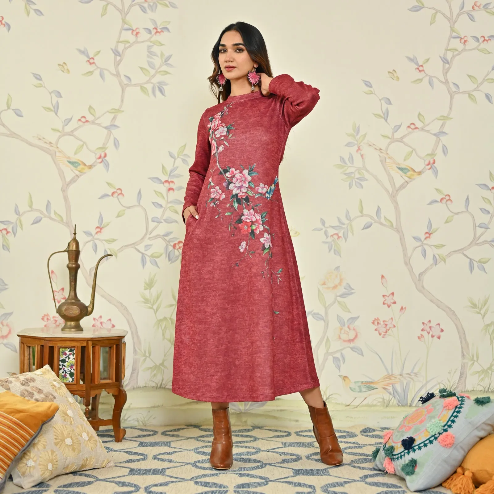 Maroon Floral A-line Woollen Dress