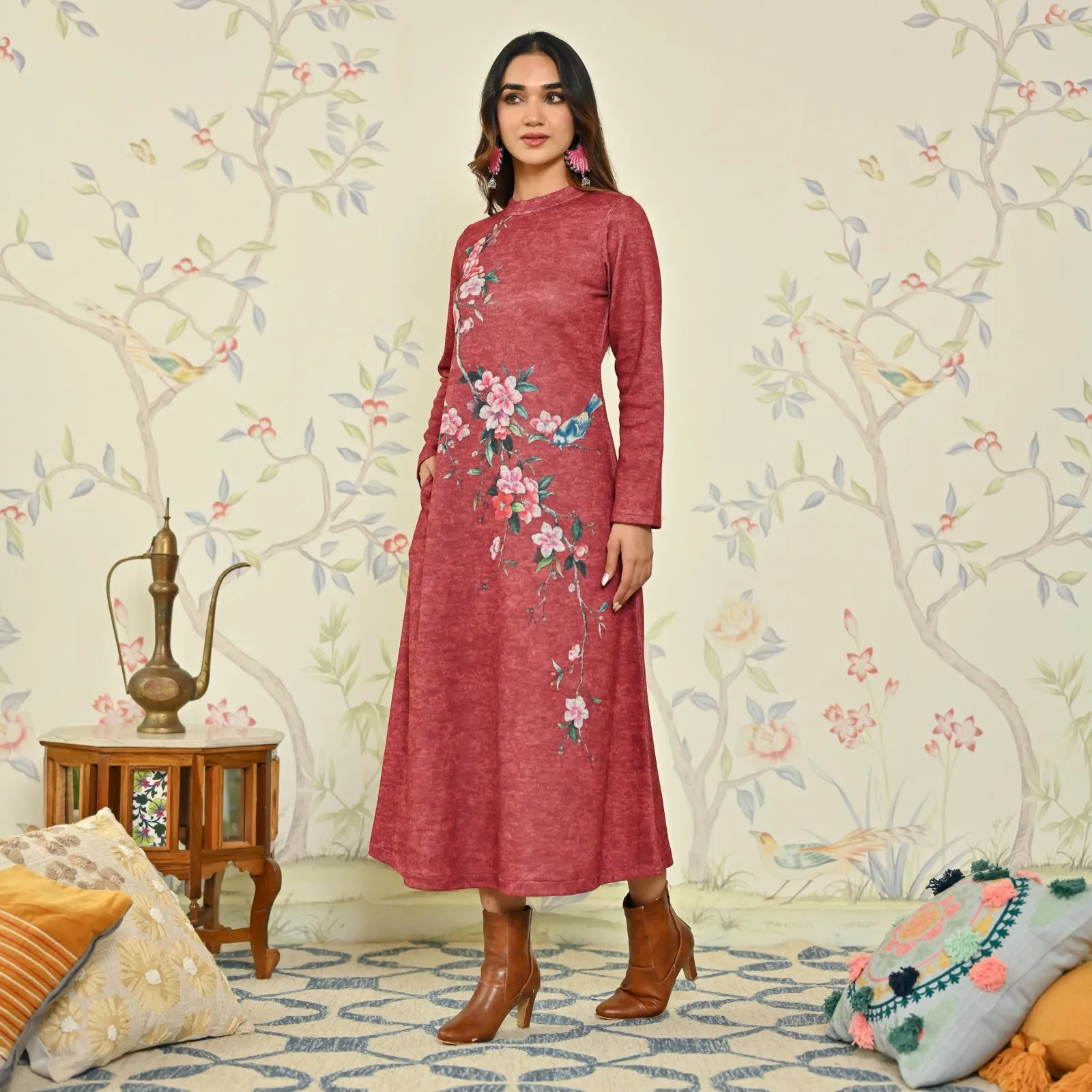 Maroon Floral A-line Woollen Dress