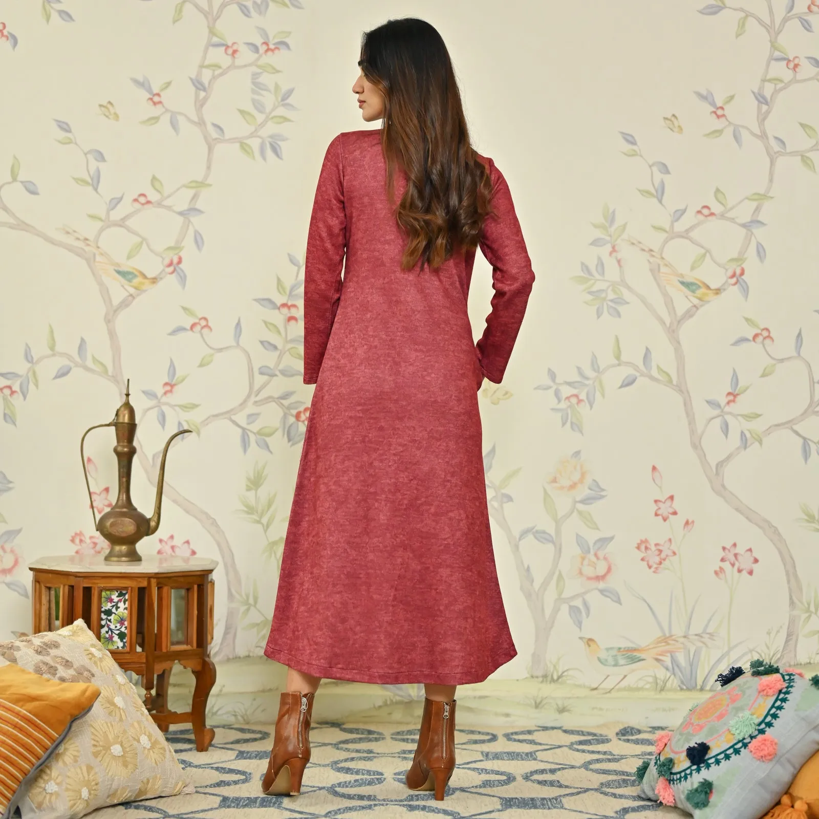 Maroon Floral A-line Woollen Dress