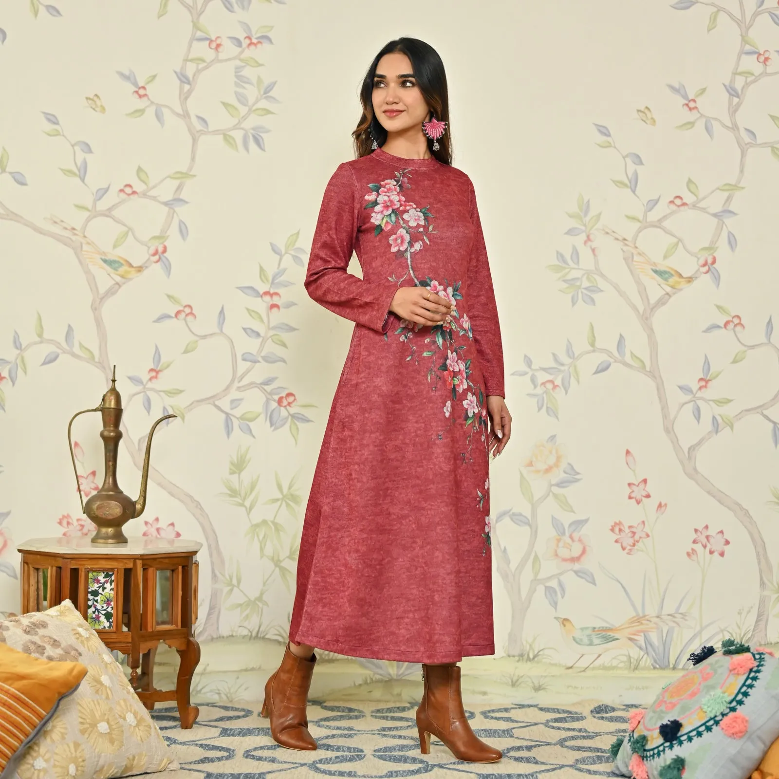 Maroon Floral A-line Woollen Dress