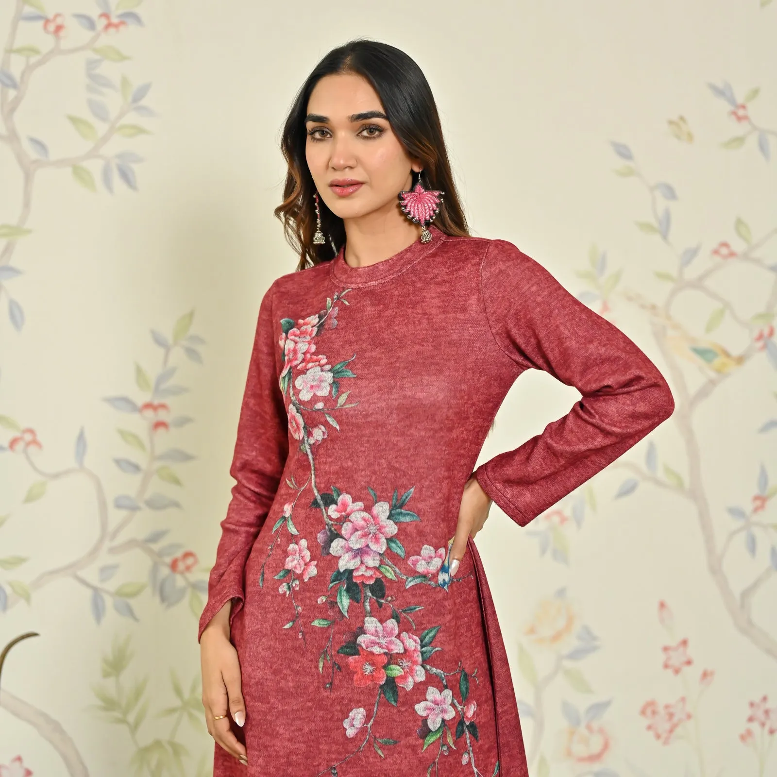 Maroon Floral A-line Woollen Dress