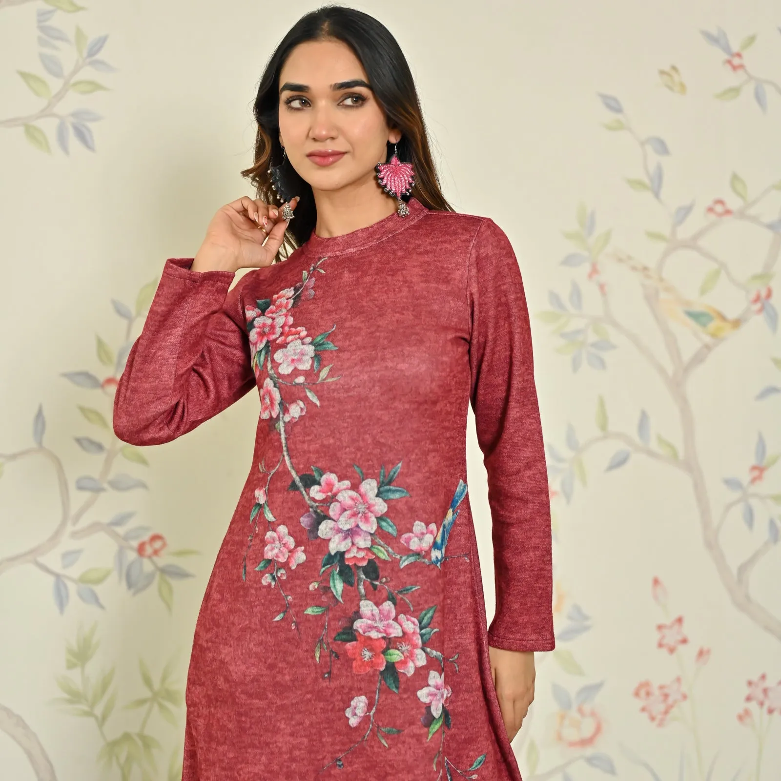 Maroon Floral A-line Woollen Dress