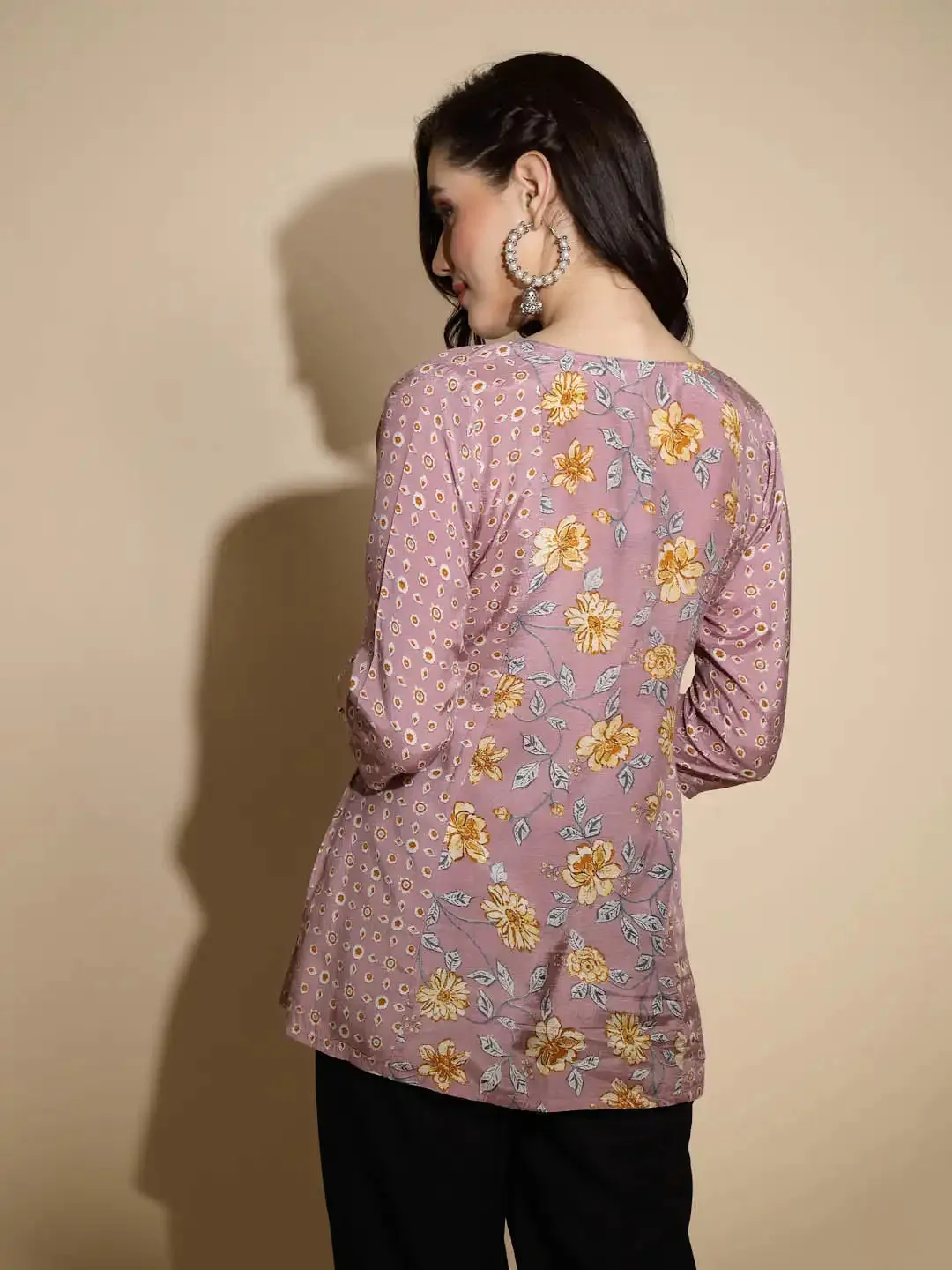 Mauve Floral Print Satin Tunic