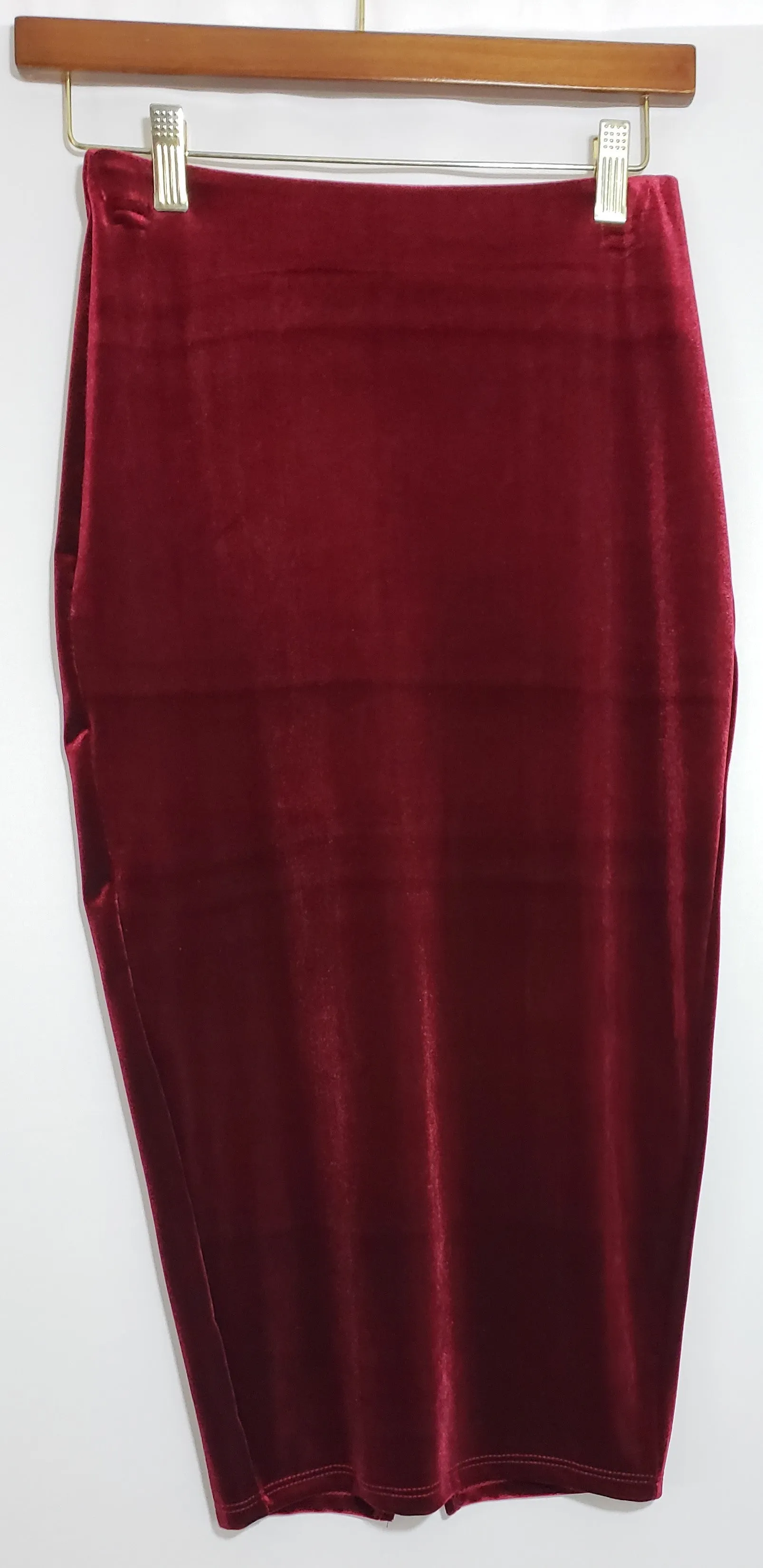 Meaghan Stretch Velvet Burgundy Pencil Skirt