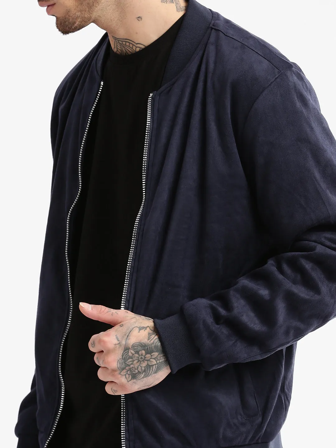 Men Mandarin Collar Navy Blue Solid Bomber Jacket