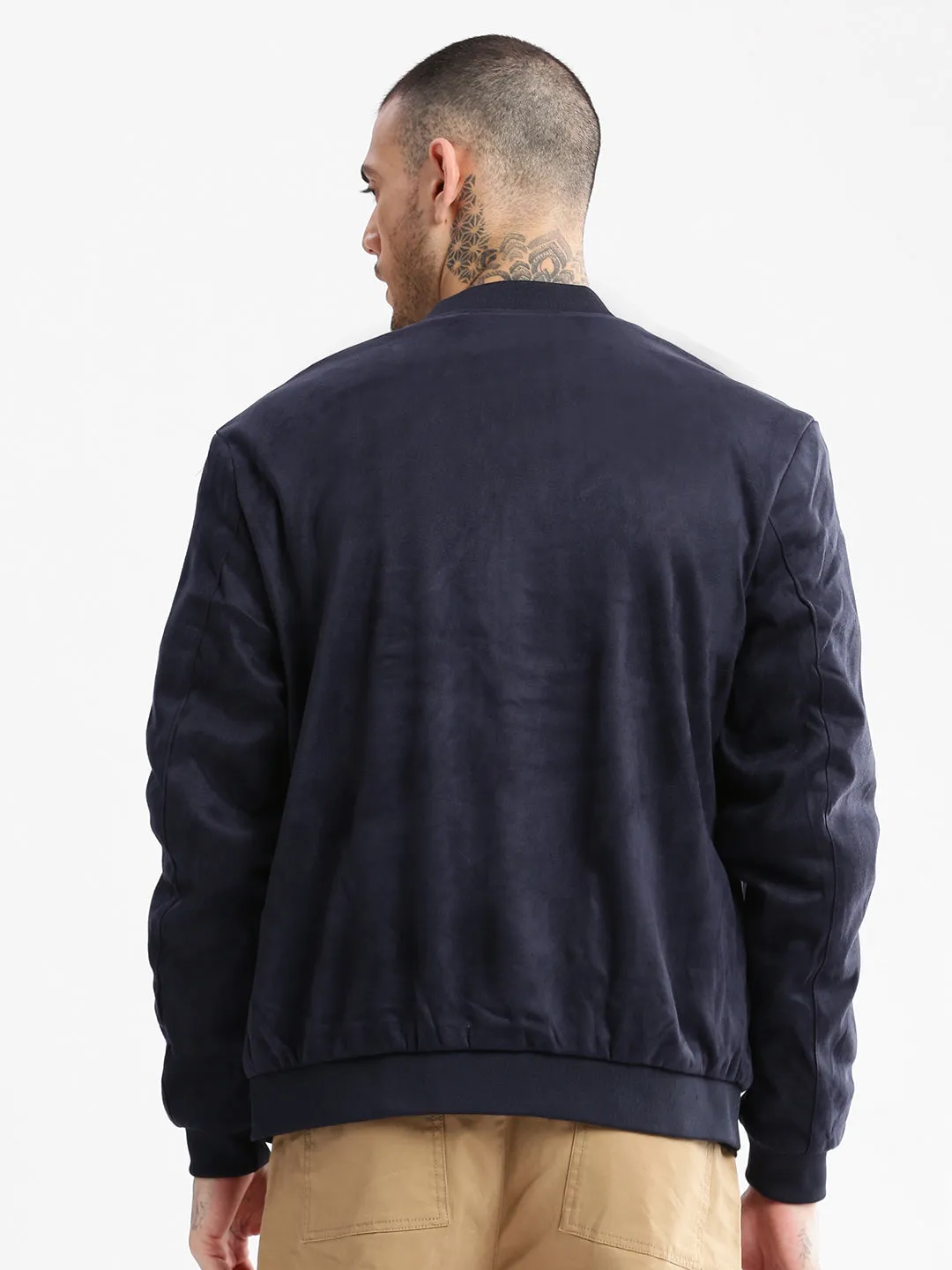 Men Mandarin Collar Navy Blue Solid Bomber Jacket