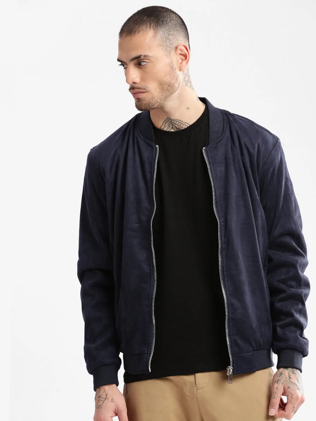 Men Mandarin Collar Navy Blue Solid Bomber Jacket