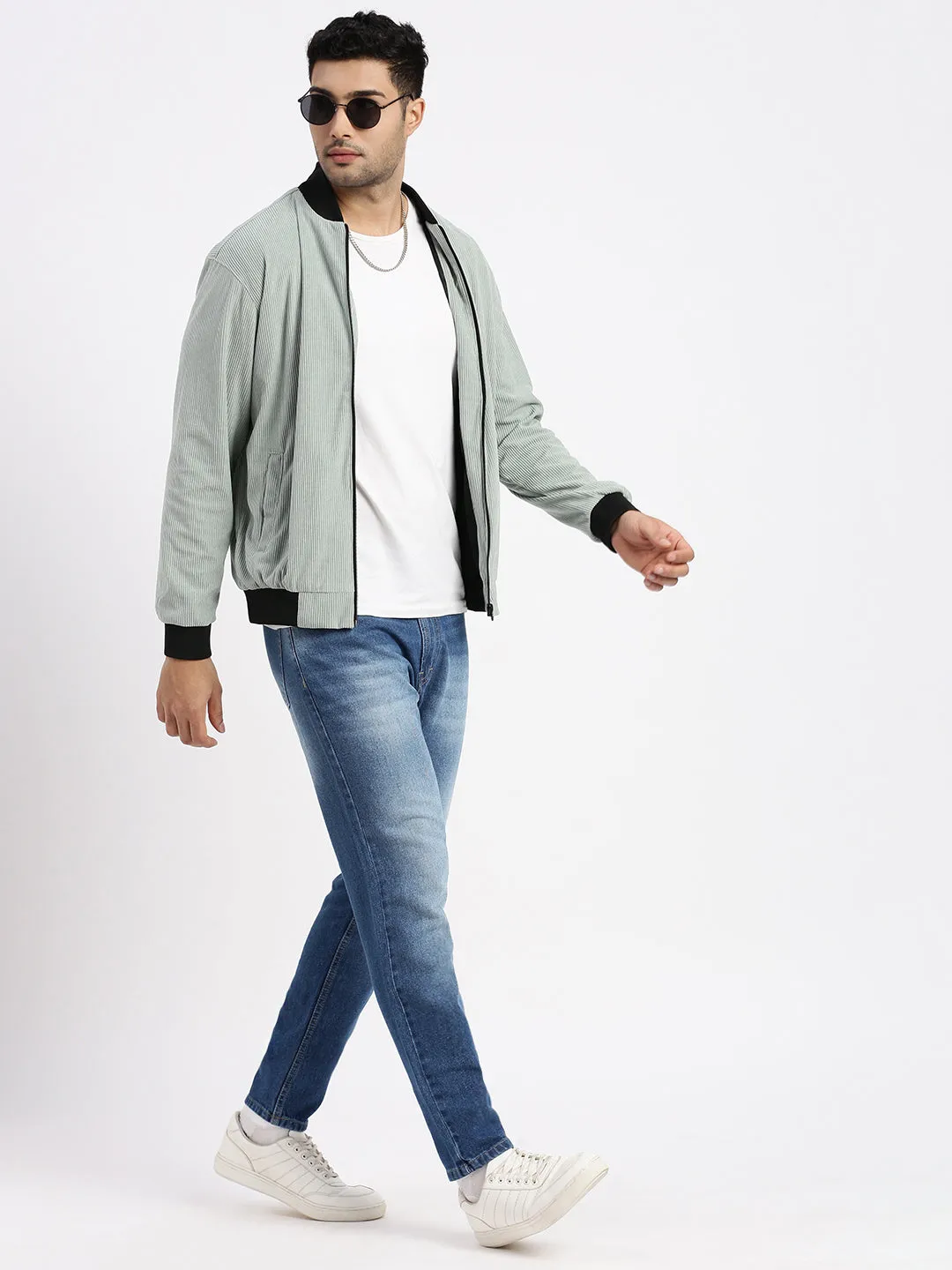 Men Solid Sea Green Bomber Jacket