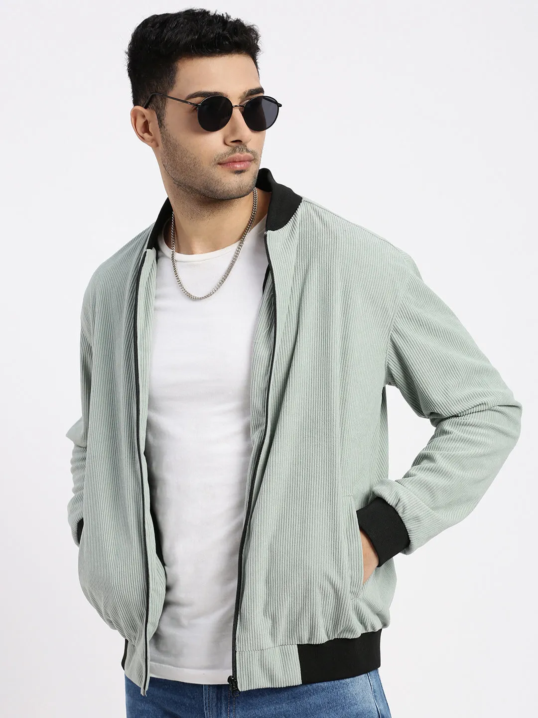 Men Solid Sea Green Bomber Jacket