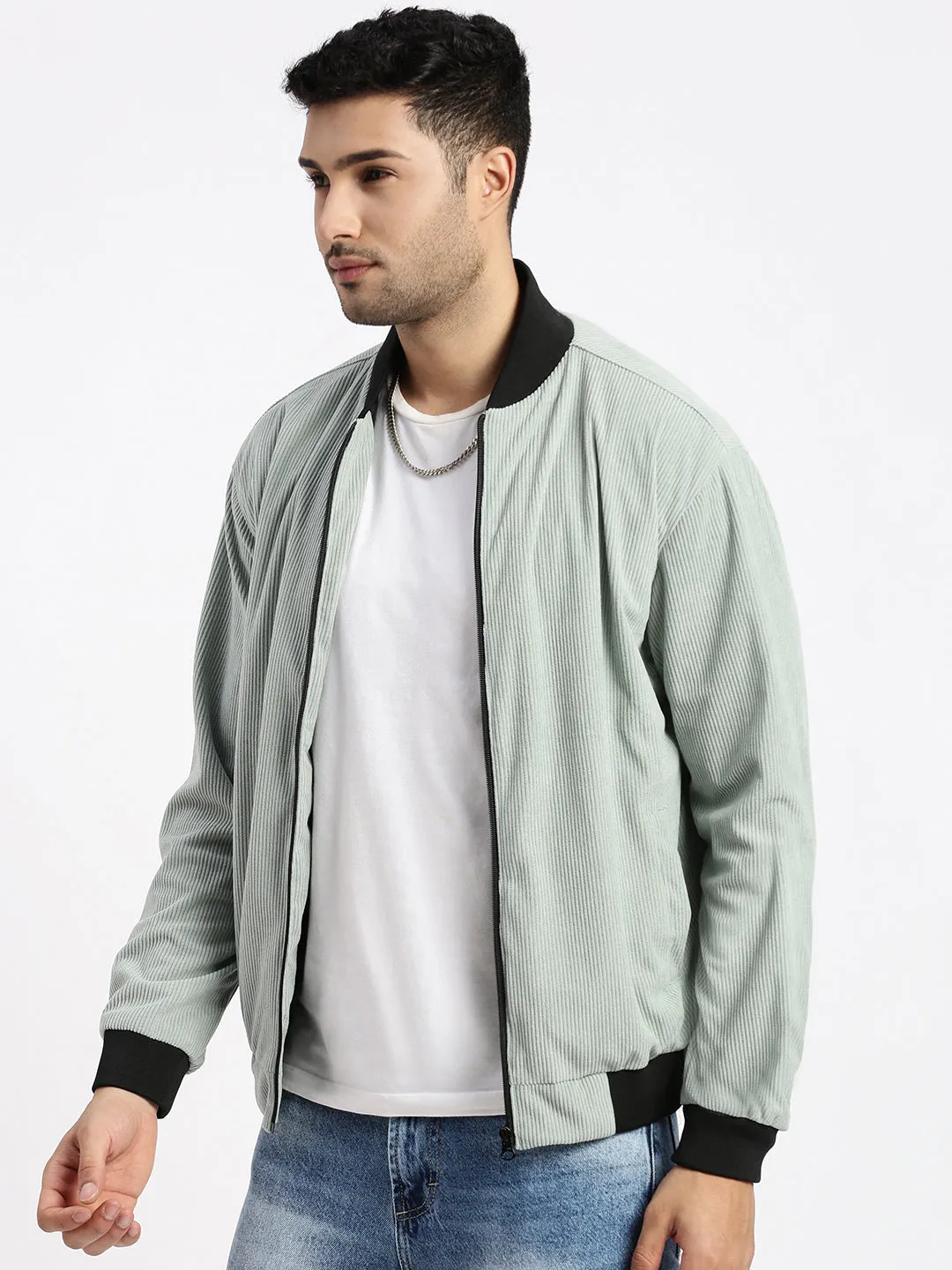 Men Solid Sea Green Bomber Jacket