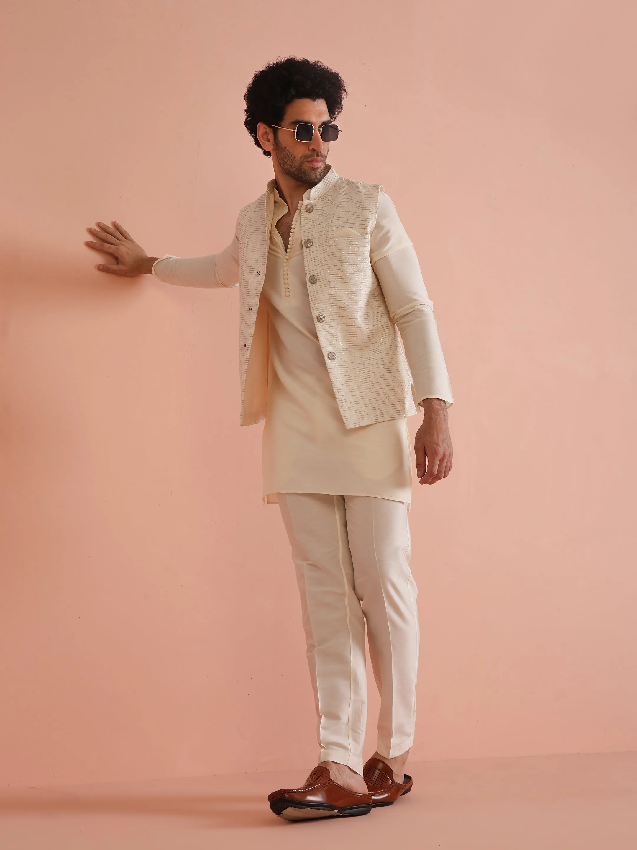 Men White Only Textured Nehru Jacket