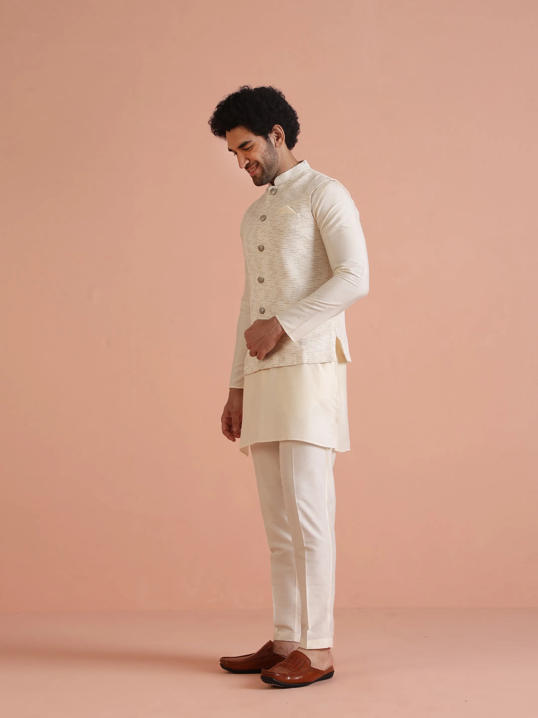 Men White Only Textured Nehru Jacket