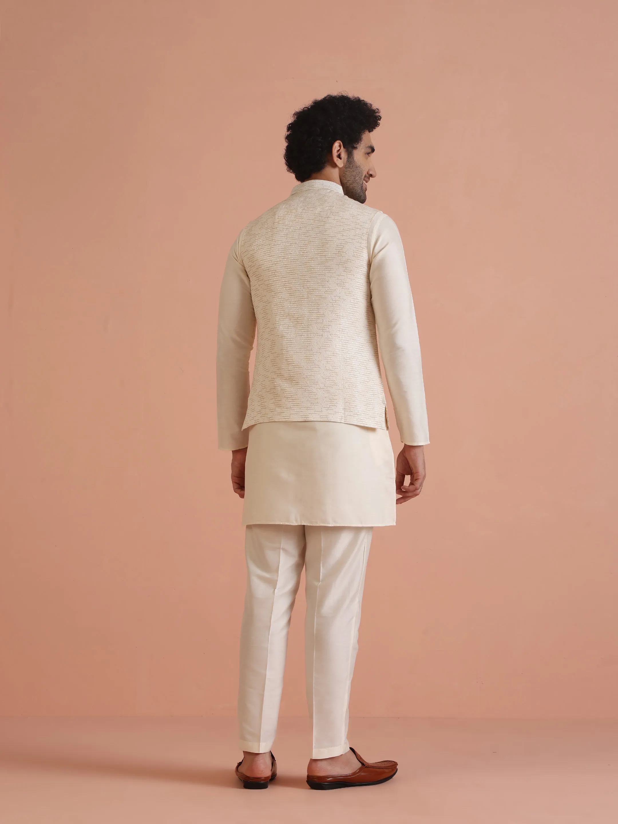 Men White Only Textured Nehru Jacket