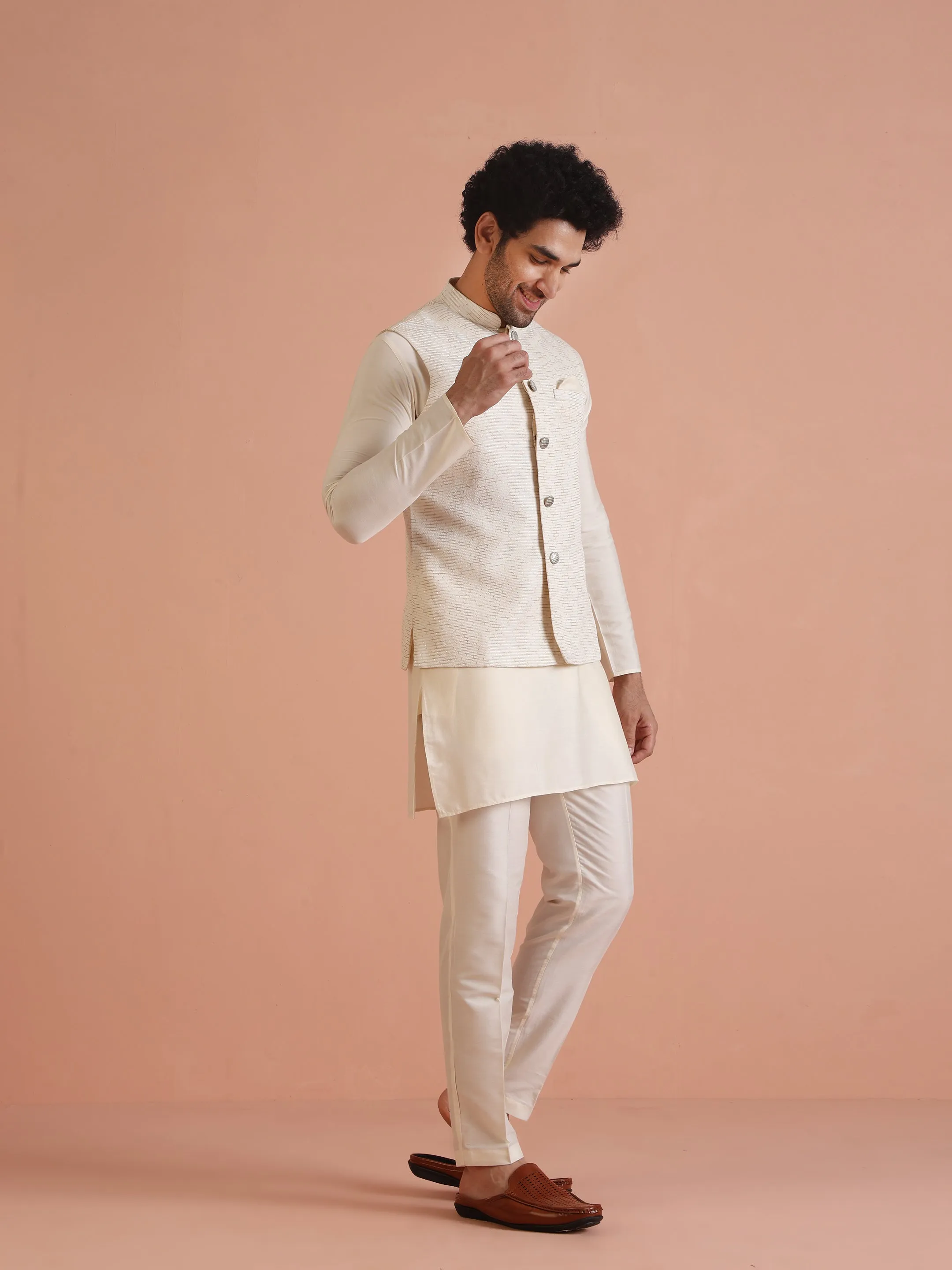 Men White Only Textured Nehru Jacket